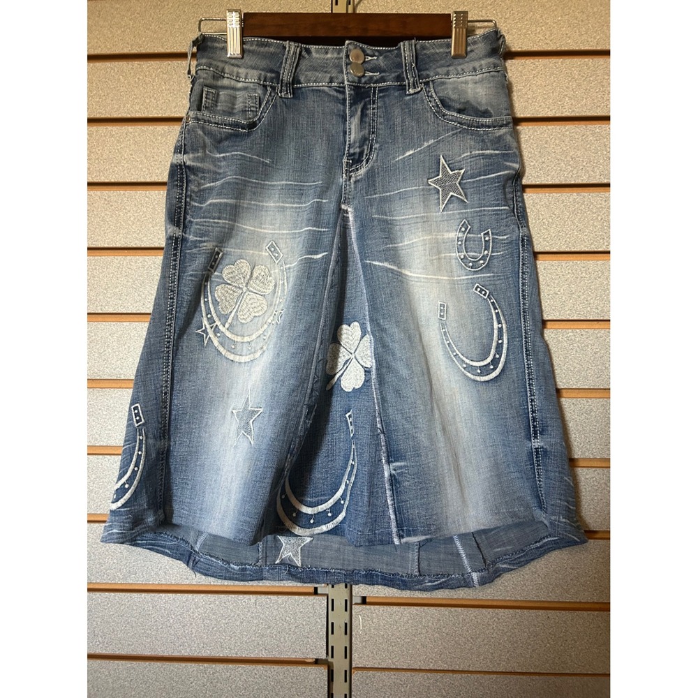 Upcycled Women Light Wash Embroidered Denim Skirt Lucky Clovers Stars Size S